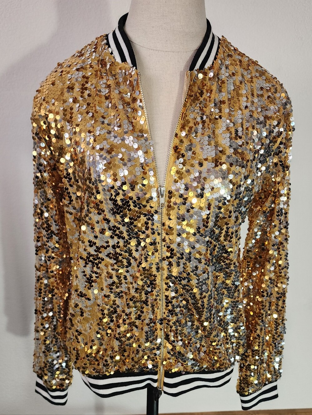 Anna-Kaci Jacket Gold Sequin Bomber Style Sparling Gold Size S - Picture 13 of 17